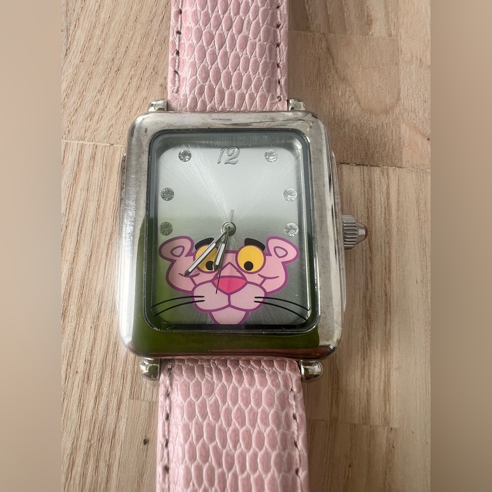 Vintage pink panther ladies rectangular silver tone watch NEW BATTERY